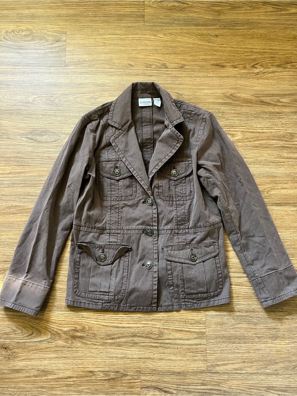 Chico's Vintage Style Y2K Brown Utility Military Blazer Jacket Chore Coat Safari